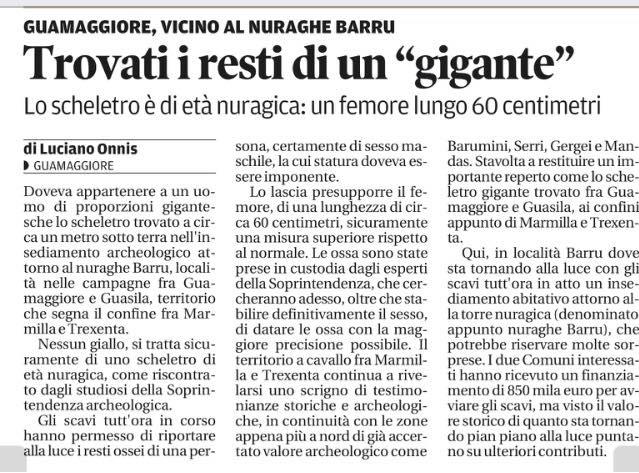 L'articolo de L'Unione Sarda sulla scoperta del "Gigante".