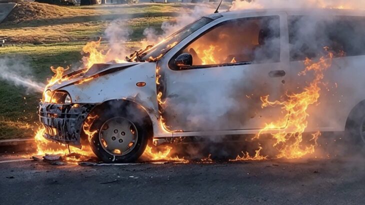 L'auto in fiamme al Poetto. Ph Marcello Polastri